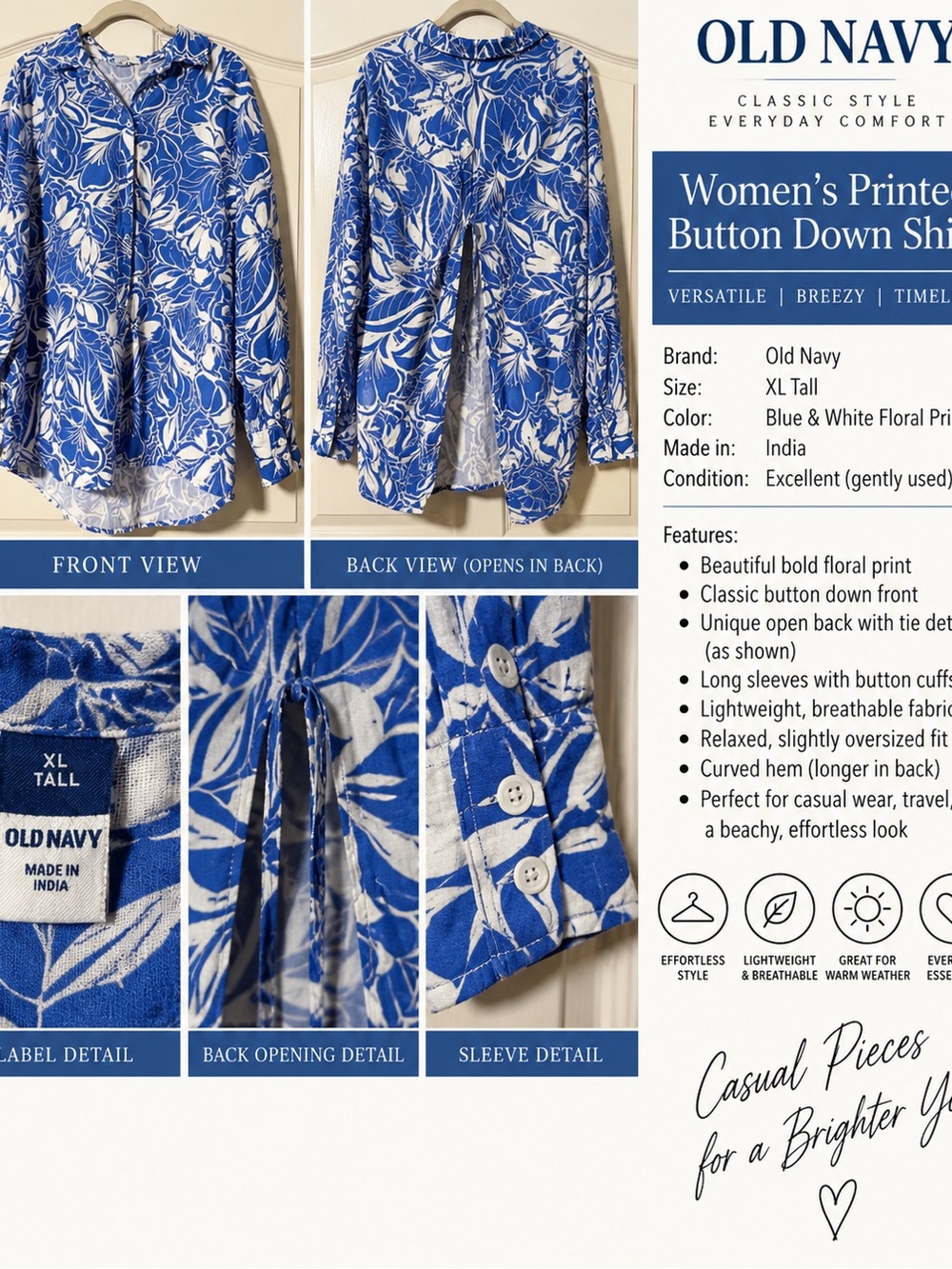 Old Navy Blue & White Floral Button-Down Blouse